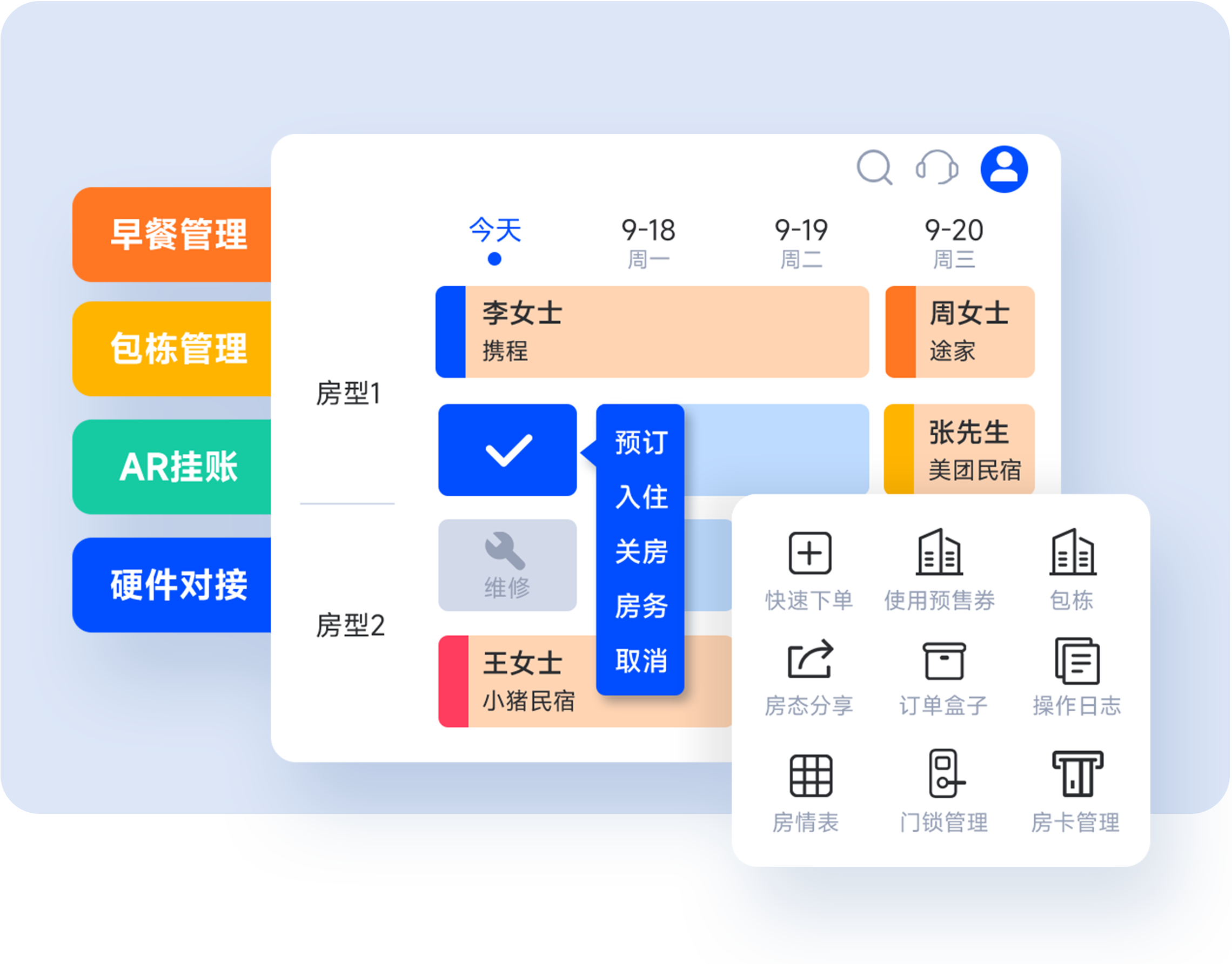 订单来了PMS数字化客房管理系统界面，展示房态日历视图、预订入住办理和收银结账等功能模块，支持一键操作、实时房态更新、包栋管理和清扫任务分配，帮助民宿老板高效运营前厅