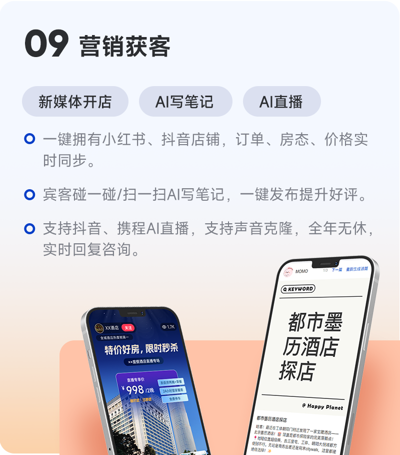 订单来了PMS的营销系统支持一键开通小红书、抖音店铺，并同步订单房态，实现新媒体平台低佣获客。订单来了AI营销工具支持扫一扫自动撰写种草笔记，一键发布。AI直播全年无休，实时答疑转化客户